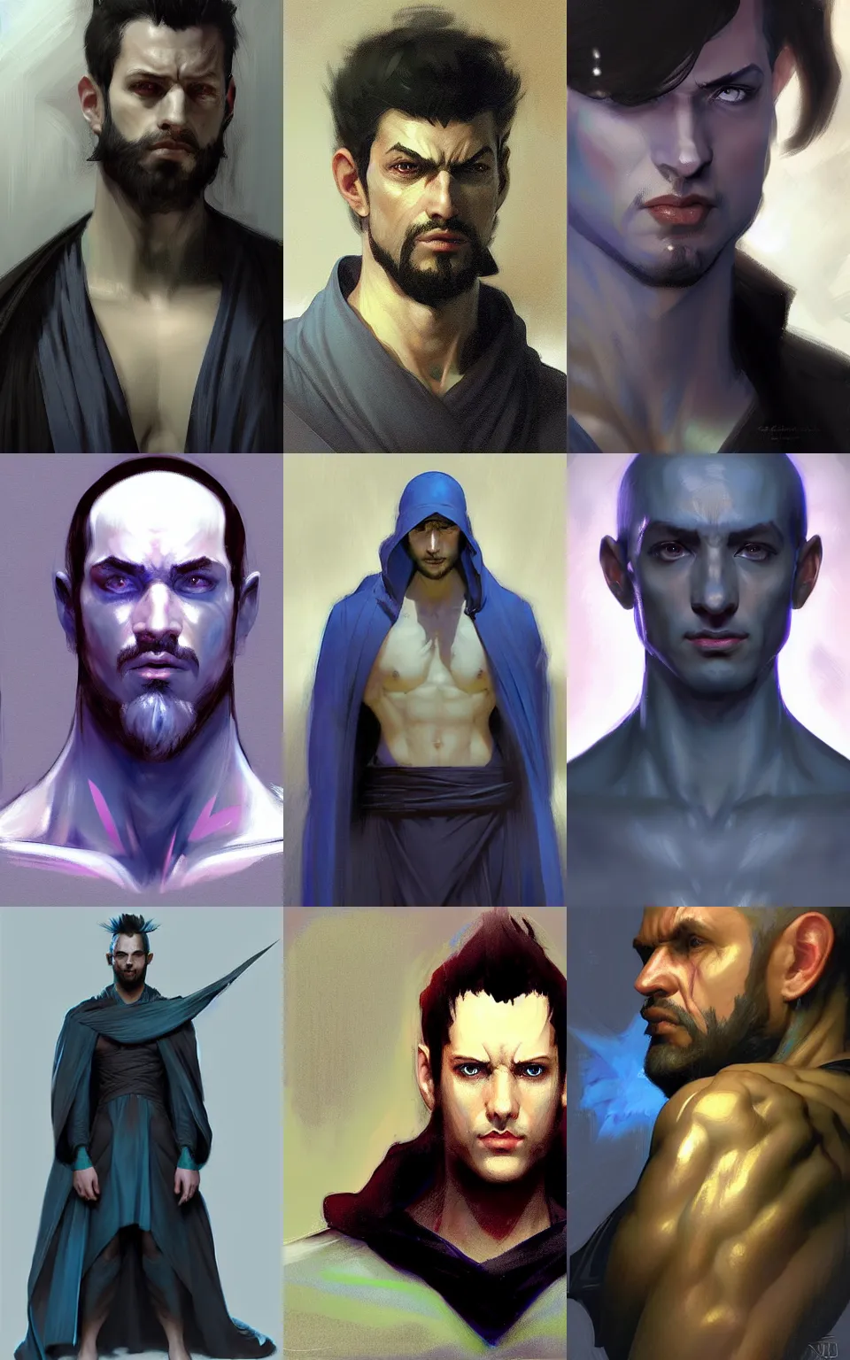 Prompt: character concept portrait, centralized head and upper torso, male blue djinn in black robes style digital painting, concept art, smooth, sharp focus, illustration, from metal gear, by ruan jia and mandy jurgens and william - adolphe bouguereau, artgerm