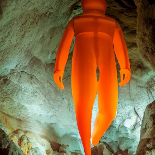 Prompt: photo of a giant orange colored glowing transparent humanoid of one thousand feet of height standing next to a skyscraper inside a cave with cave background