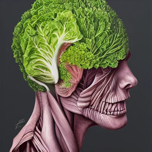 Image similar to the anatomy of a head of lettuce, an ultrafine detailed painting by james jean, hd 2 d, behance contest winner, vanitas, angular, altermodern