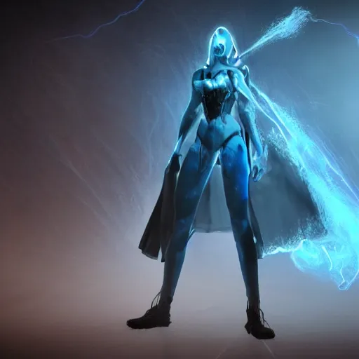 Image similar to character design, dark arcanist, blue lightning, blue mist, fog, scary, photorealistic, unreal engine