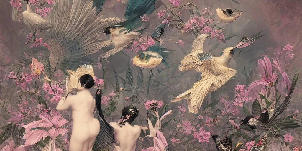 Prompt: breathtaking detailed concept art painting art deco pattern of birds goddesses amalmation flowers with blend of flowers and birds, by hsiao - ron cheng and john james audubon, bizarre compositions, exquisite detail, extremely moody lighting, 8 k