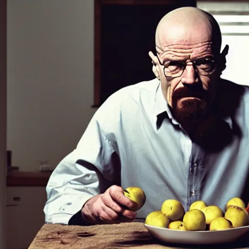 Image similar to walter white eating an apple, photography