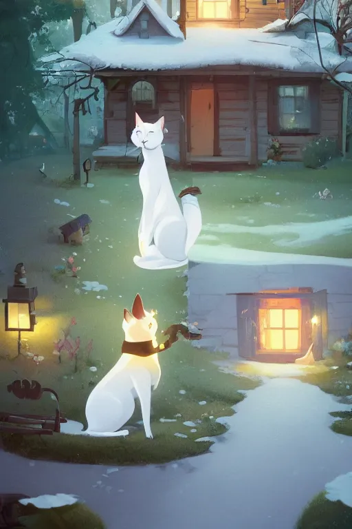 Image similar to a moment of pure bliss, the white cat in front of the small house in the forest, cory loftis, james gilleard, atey ghailan, goro fujita, character art, exquisite lighting, clear focus, very coherent, plain background, dramatic painting