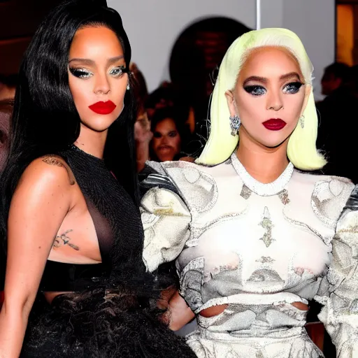 Prompt: lady gaga and Rihanna on the red carpet