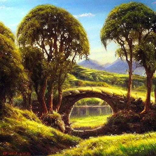 Prompt: the shire from the lord of the rings, by david mann, painting, beautiful