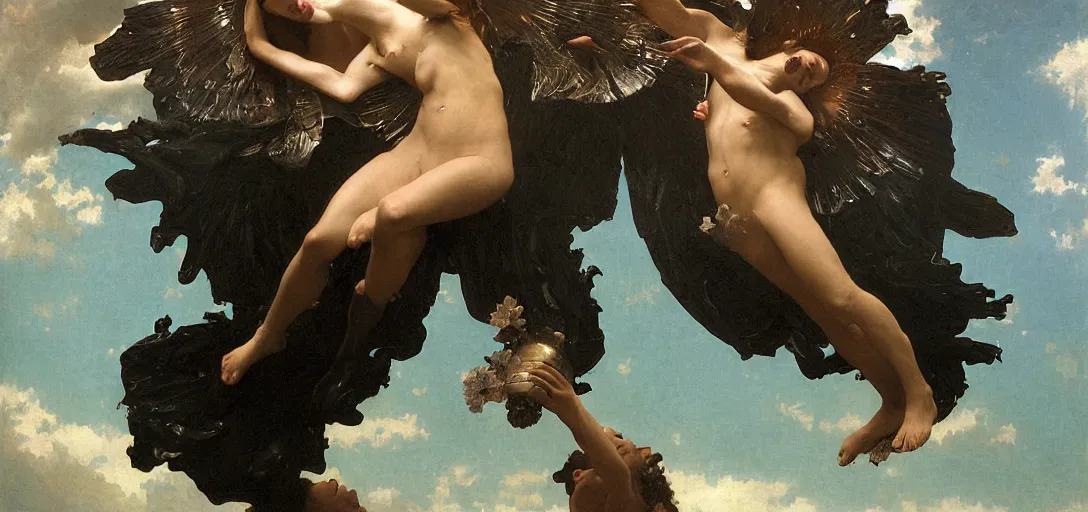 Image similar to hyperrealist highly detailed english medieval portrait of high fashion archangel swimming in black giant ferrofluid liquid ocean, Art by William Adolphe Bouguereau,, Art by William Adolphe Bouguereau,, by Annie Swynnerton and Tino Rodriguez and Maxfield Parrish, elaborately costumed, rich color, dramatic cinematic lighting, extremely detailed, radiating atomic neon corals, concept art pascal blanche dramatic studio lighting 8k wide angle shallow depth of field, Art by William Adolphe Bouguereau, extreme detailed and hyperrealistic