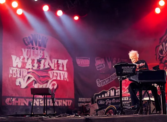 Image similar to photo still of clint eastwood on stage at vans warped tour!!!!!!!! at age 6 8 years old 6 8 years of age!!!!!!!! playing a piano on fire, 8 k, 8 5 mm f 1. 8, studio lighting, rim light, right side key light