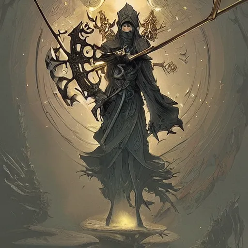 Image similar to bright elf+ Grey smoke, symetrical + scythe + magic ornament + golden ratio + elements + pattal + baroque + marc simonetti, paul pope, peter mohrbacher, detailed, intricate ink illustration