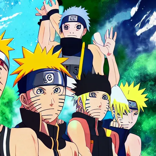 Image similar to the characters of naruto shippuden in a pickup basketball game, 8k, highly detailed, art station, professional artist, hyper detailed, naruto uzumaki, kakashi hatake,