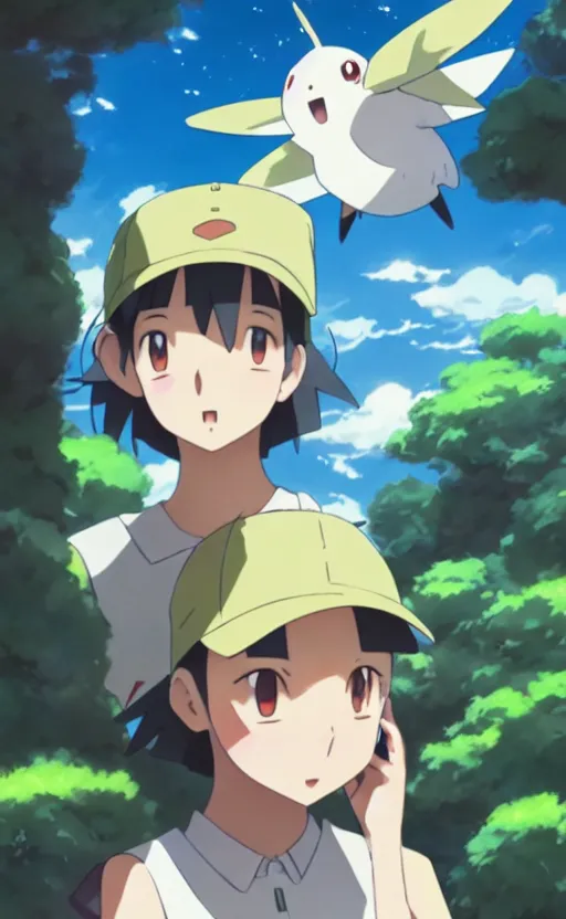 Image similar to a pokemon go card from 1 9 5 0, illustration, insect trainer girl, clear sky background, lush landscape, concept art, anime key visual, trending pixiv fanbox, by wlop and greg rutkowski and makoto shinkai and studio ghibli and kyoto animation, symmetrical facial features, short hair, hair down