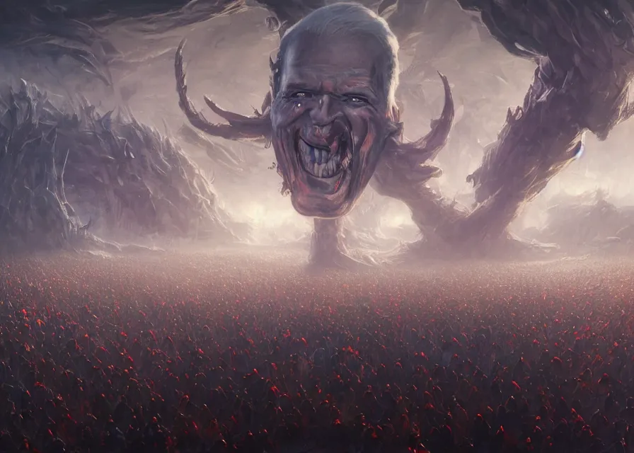 Image similar to large abstract painting of giant Joe Biden cosmic horror grinning at giant immense crowd of person army, trending on ArtStation, masterpiece, by Greg Rutkowski, by Ross Tran, by Fenghua Zhong, octane, lightbeam eyes, soft render, clear facial features, oil on canvas,, moody lighting, cinematic, professional environment concept art