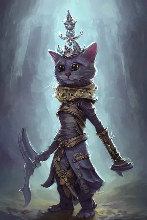 Image similar to cute little anthropomorphic cat knight wearing a cape and a crown, tiny, small, miniature cat , baby animal, short, pale blue armor, cute and adorable, pretty, beautiful, DnD character art portrait, matte fantasy painting, DeviantArt Artstation, by Jason Felix by Steve Argyle by Tyler Jacobson by Peter Mohrbacher, cinematic lighting