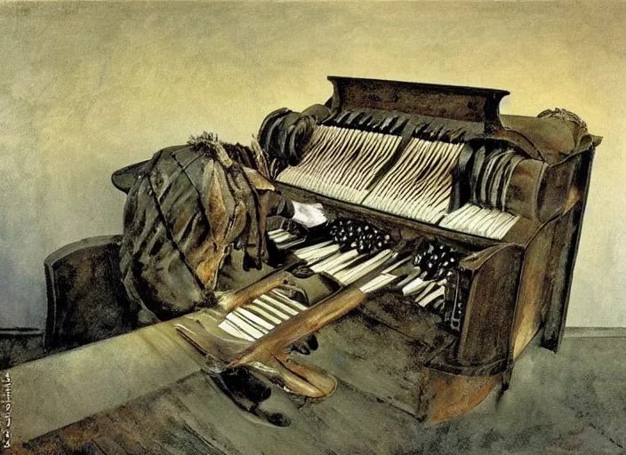 Image similar to mad max fury style pipe organ, painting by andrew wyeth, very detailed, somber mood,