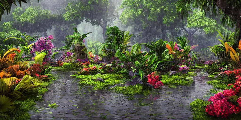 Prompt: An alien jungle, colorful flowers, pathway, reflection, rain, morning light, photorealistic, realistic, depth of field, temple ruins!, high definition, soft light, high definition, detailed, 8k, artstation