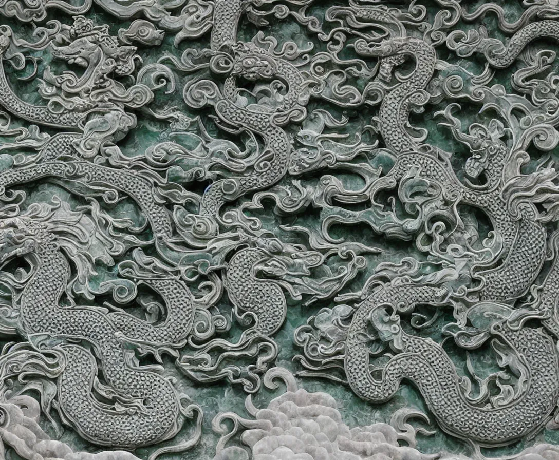 Prompt: an intricately detailed jade dragon soaring over ancient chinese temples