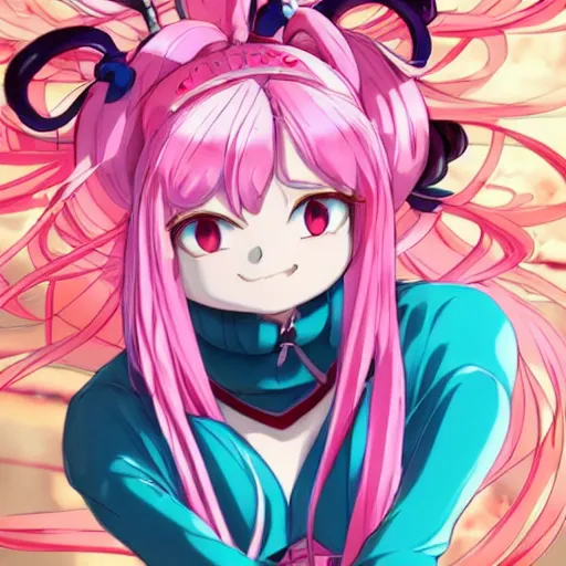 Image similar to stunningly beautiful omnipotent megalomaniacal anime goddess who looks like junko enoshima with symmetrical perfect face and porcelain skin, pink twintail hair and mesmerizing cyan eyes, looking down upon the viewer and taking control while smiling in a mischievous way, mid view from below her feet, hyperdetailed, 2 d anime, 8 k