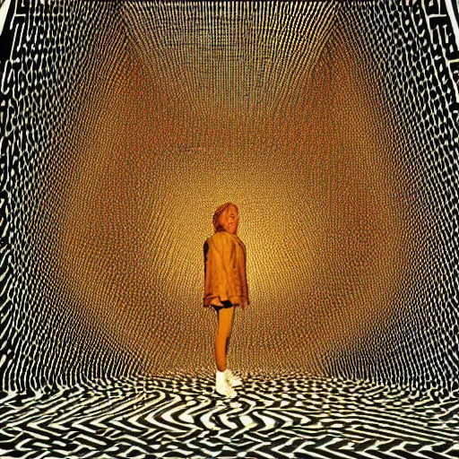 Prompt: art photography Human with detailed face, lost inside a Op-Art labyrinth by Victor Vasarely by Beeple and Mathias Isaksen, high detailed, 16K High Detailed by Guy Bourdin and Reka Nyari,on 16K, Pentax 67, Kodak Portra 400, Dramatic Golden light, The Golden Ratio, Award wining