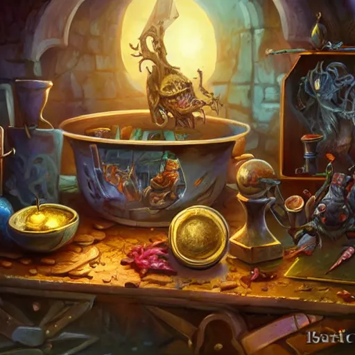 Prompt: table, wizards laboratory, mortar, pestle, scales, magic book, tony sart
