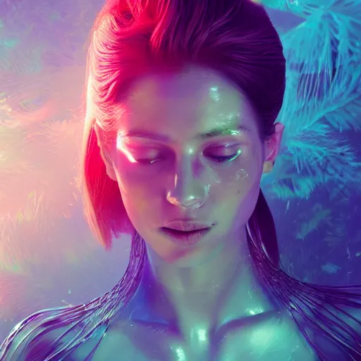 Image similar to a highly detailed digital image of an elegantly posed futuristic woman beautifully intertwined in chromatic liquid like leaves, full body shot, by Andrew Chiampo, artstation, and Frederik Heyman, extremely detailed woman, stunning volumetric lighting, hyper realism, fantasy 4k