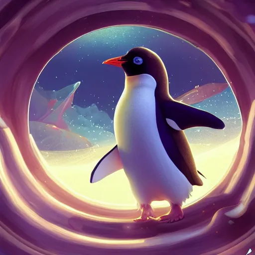 Image similar to magical penguin in a space station looking at the earth , realistic cinematic, volumetric lighting, centered, symmetrical, sharp focus, digital painting, mystical art, smooth, trending on Artstation, 4k