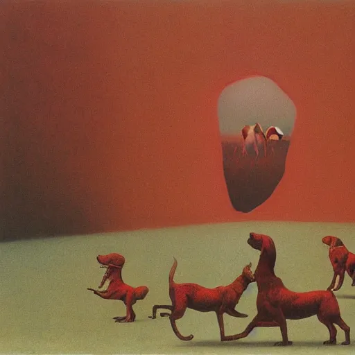 Prompt: clifford the big red dog devouring hordes of human beings, painted by zdzisław beksinski