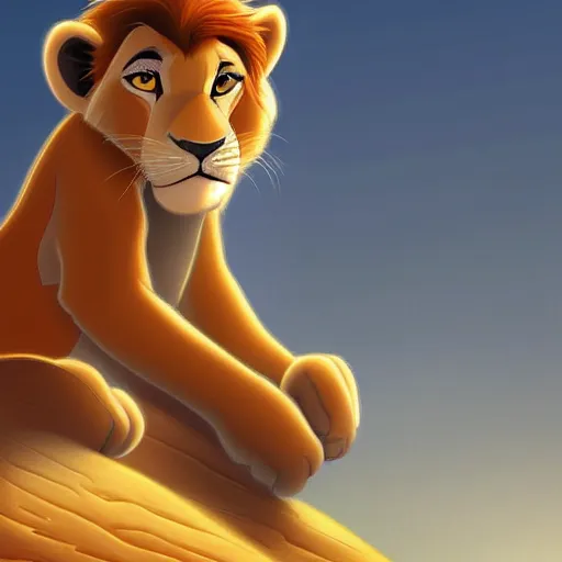 Prompt: a full-height portrait from afar of Simba form the Lion King look like an ordinary human boy with beautiful hear and head, wearing a white T-shirt and blue jeans, humanisation, digital art style