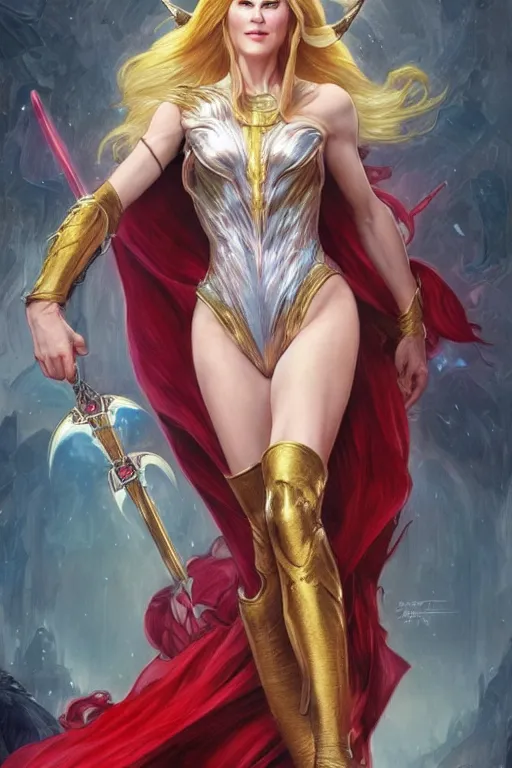 Image similar to ultra realistic illustration, nicole kidman dressed as she - ra the princess of power, sci - fi, fantasy, intricate, elegant, highly detailed, digital painting, artstation, concept art, smooth, sharp focus, illustration, art by artgerm and greg rutkowski and alphonse mucha