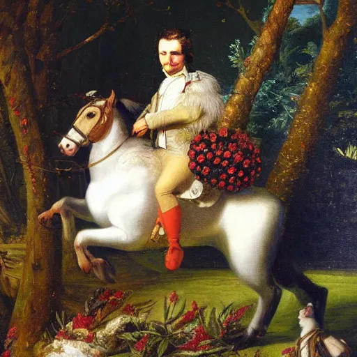 Image similar to a giant squirrel carrying napoleon bonaparte on its back, beach scene with flowers and foliage, detailed oil painting