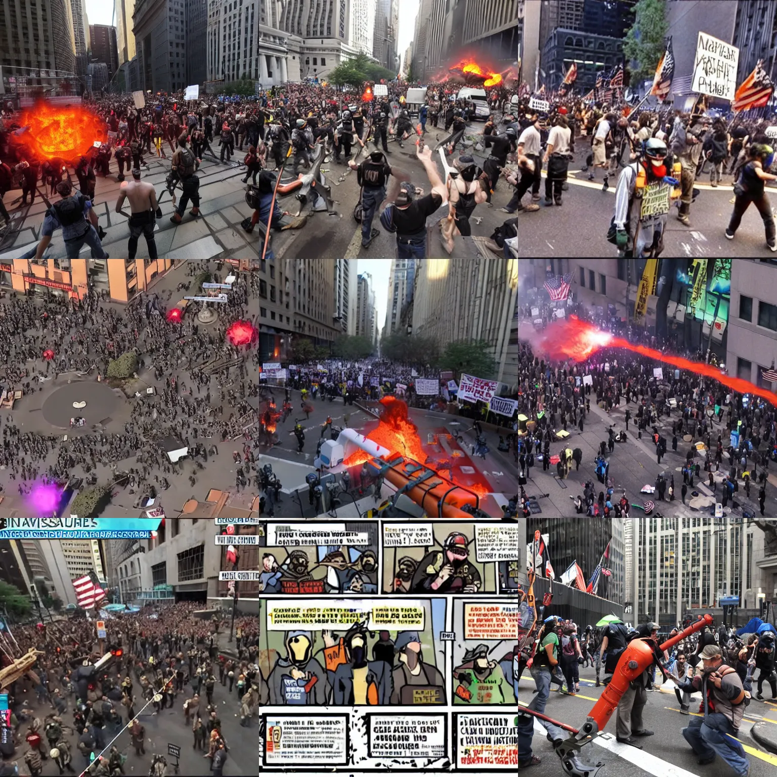 Prompt: Occupy Wall Street except the protestors have assault class nuclear weaponry, lava chainsaws, and the graviton gun from Syndicate Wars, high quality news footage