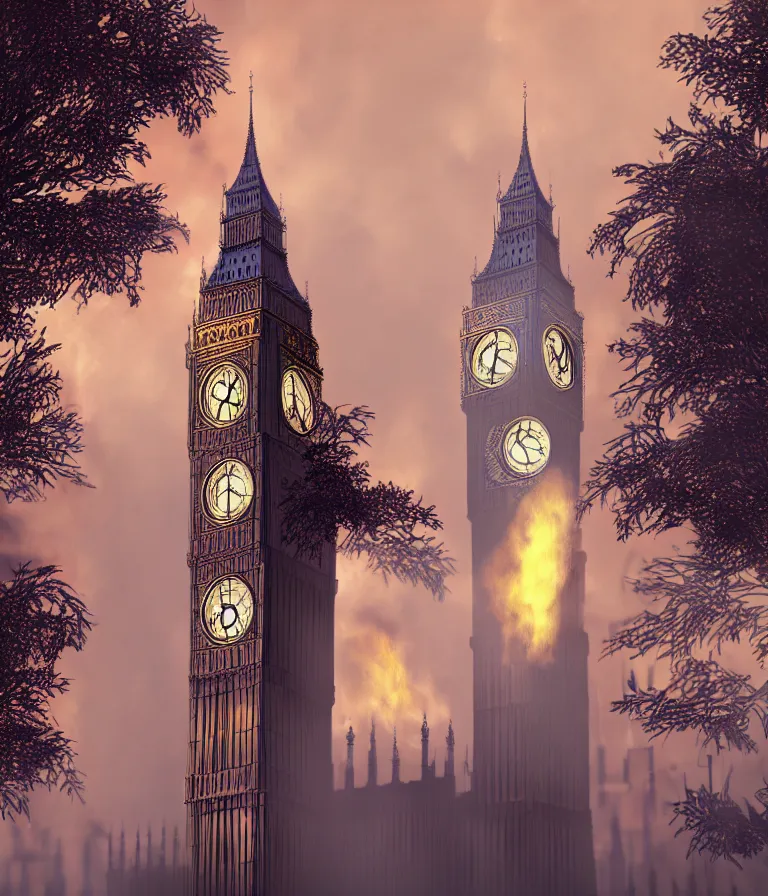 Prompt: a beautiful hyperrealistic detailed 3D render of big ben burning, by Anton Otto Fischer, Atey Ghailan, genzoman, unreal engine, octane render, gigantic, 3D, brilliantly coloured, intricate, ultra wide angle, trending on artstation, embers, smoke, dust, dusk, volumetric lighting, HDR, polished, micro details, ray tracing, 8k