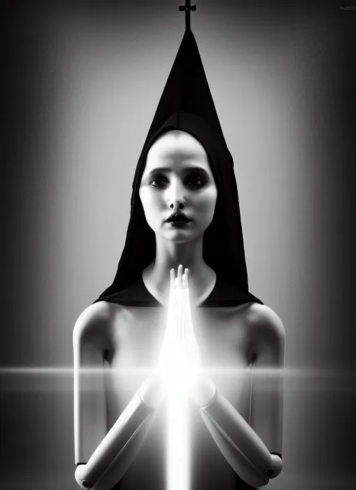 Prompt: surreal mythical dreamy dark artistic black and white fine art fashion portrait photo of a young beautiful delicate female robot - nun praying, spiritual, halo, glory, rim light, cinematic, studio dramatic light, poetic, masterpiece, octane render, 8 k, photo - realistic by gustave dore william black