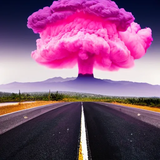 Image similar to purple mushroom cloud, white minivan driving down road, realism, 4k, photograph