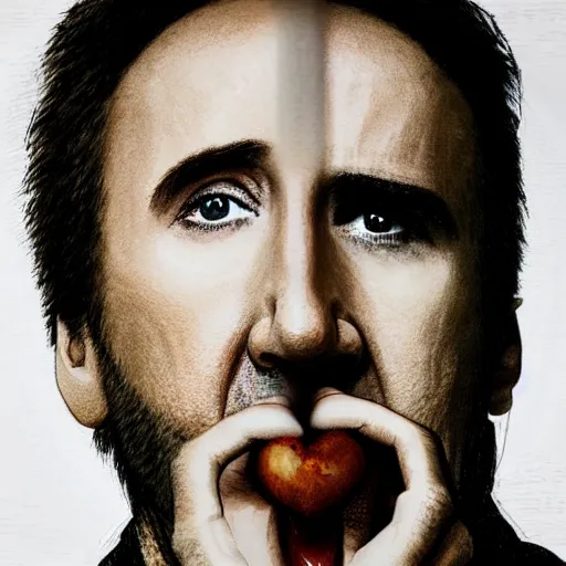 Image similar to portrait of nicolas cage eating his hand, highly detailed, professional photograph, dramatic lighting