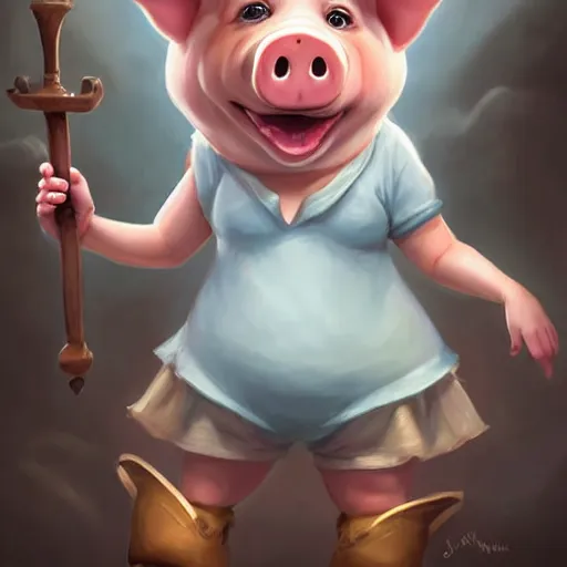 Image similar to cute little anthropomorphic funny female pig wearing shorts, a sunhat, boots and a pale blue shirt!! tiny!! fully clothed!!! small, short, cute and adorable, character art portrait, matte fantasy painting, deviantart artstation, by jason felix by steve argyle by tyler jacobson by peter mohrbacher, cinema