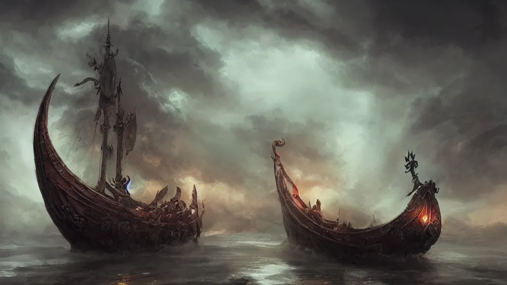 Image similar to viking ship arriving at mysterious place, night, thunderstorm, amazing, elegant, intricate, highly detailed, digital painting, artstation, concept art, motion blur, sharp focus, illustration, art by ross tran