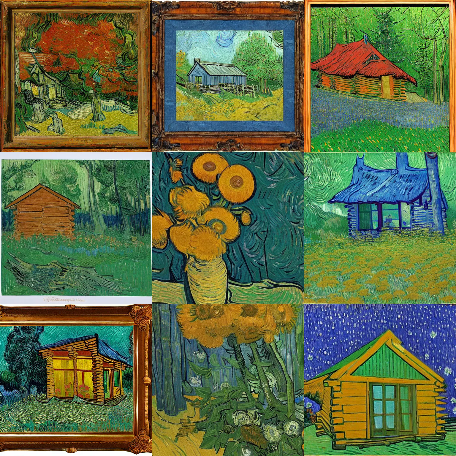 Prompt: [ a log cabin in the forest ] [ van gogh ] [ flowers ]