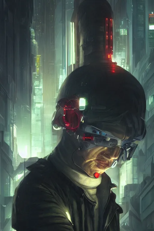 Image similar to cyberpunk man with face tech, dim ambient lighting, dark shadows, highly detailed, 8k, rim lighting, digital painting, artstation , concept art, sharp focus, illustration, art by artgerm and greg rutkowski and alphonse mucha