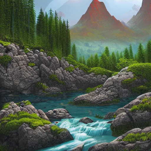 Image similar to avila mountains river, granite rocks, green, cascade, a detailed matte painting by dan mumford, deviantart contest winner, maximalism, 2 d game art, detailed painting, physically based rendering