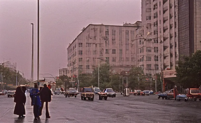 Image similar to 70s movie still of a sovietic street with pedestrians with soviet highrise in the backround , Cinestill 800t 18mm ektachrome color, heavy grainy picture, very detailed, high quality, 4k panoramic, HD criterion, dramatic lightning, streetlight at night, rain, gigantic marx portraits on the walls