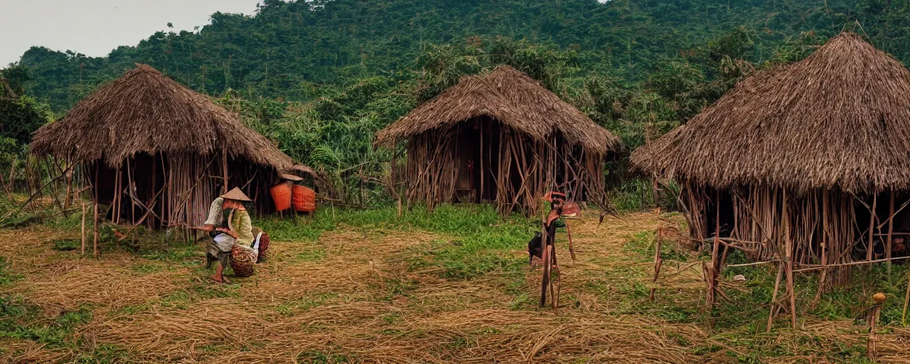 Image similar to rural vietnamese village building hut out of spaghetti, ultra - realistic faces, fine detail, canon 5 0 mm, in the style of ansel adams, wes anderson, kodachrome