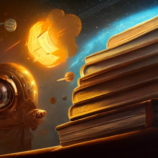 Image similar to front facing shot of an ancient book on a vintage table in space, concept art, sci - fi illustration, painting, realistic,, radiant light, detailed and intricate environment, 8 k, h 6 4 0