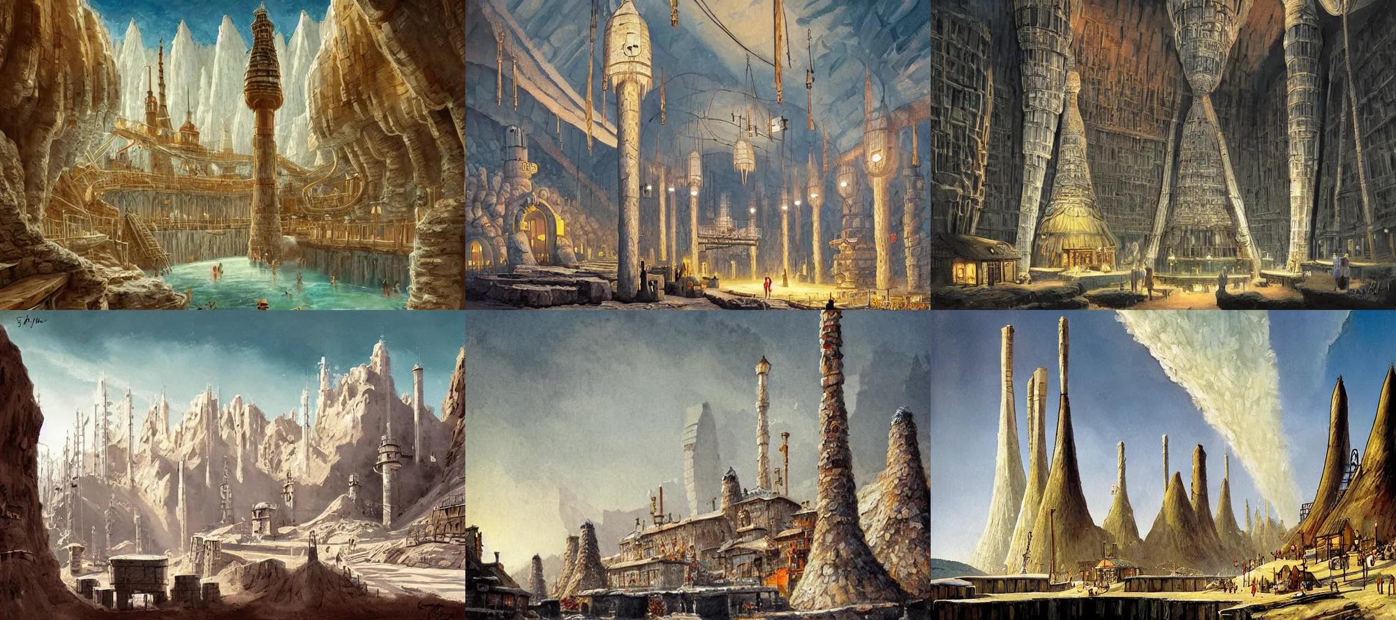 Prompt: wieliczka salt mine in the style of dr. seuss, starships, painting by raphael lacoste