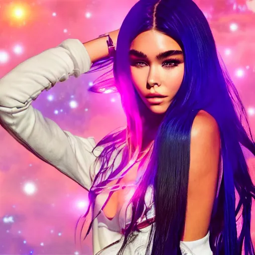 Image similar to madison beer a an intergalactic popstar dancing on a planet, render, blender render, unity render, 4 k wallpaper, art station trending, artstation 4 k coherent, coherent, 4 k, detailed, hyperdetailed, artifact - free, completely coherent, sharp, madison beer