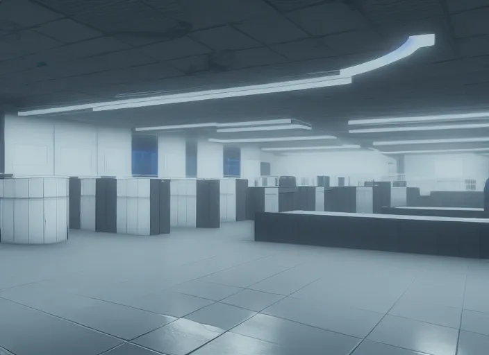 Image similar to cctv footage of a large white empty breakroom with a security checkpoint, retrofuturist liminal space, familiar place, clean, black mold, amateur, unreal engine, photorealistic, trending on artstation