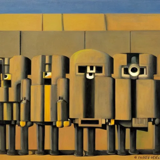 Image similar to line of robots guarding a brutalist castle, evil visages, dystopian, pj crook, edward hopper, oil on canvas