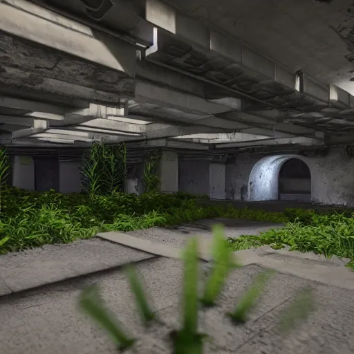 Image similar to screenshot of a first person shooter game on unreal engine 5, in a liminal underground garden, photorealistic, retrofuturism, brutalism, staggered terraces, minimalist, soft vintage glow