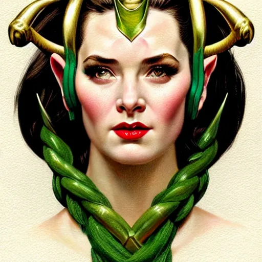 Image similar to head and shoulders portrait of a female Loki with horned helmet, illustration, medium shot, intricate, elegant, highly detailed, digital art, ffffound, art by gil elvgren and sachin teng