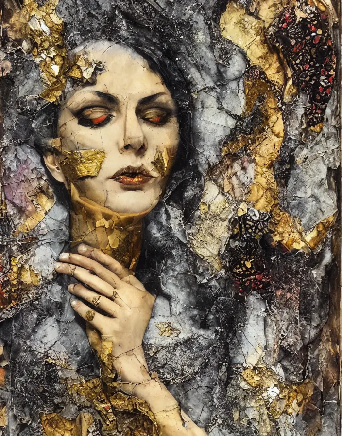 Prompt: divine marble gold gothic psychic queen in vivid detailed analogue mixed media collage with canvas texture in style of contemporary art, punk art, hyperrealistic beautiful face, photorealistic, expressionism, masterpiece, perfect composition, spectacular quality torn paper, intricate oil details, broken glass