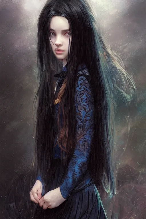 Image similar to portrait of teenage girl with long glossy black hair, blue eyes, glowing skin, fashion model features, fantasy, hogwarts student uniform, intricate, elegant, black dress, highly detailed, digital painting, artstation, concept art, smooth, sharp focus, illustration, art by Krenz Cushart and Artem Demura and alphonse mucha