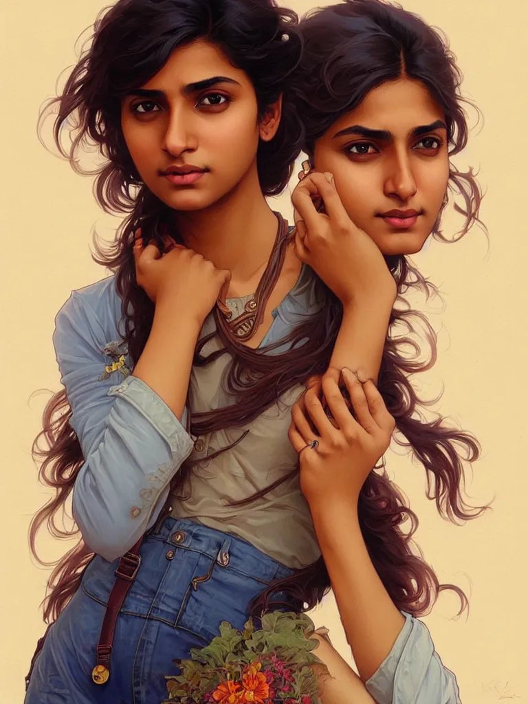 Image similar to Anxious pretty young Indian doctor wearing jeans leaving a plane, portrait, elegant, intricate, digital painting, artstation, concept art, smooth, sharp focus, illustration, art by artgerm and greg rutkowski and alphonse mucha